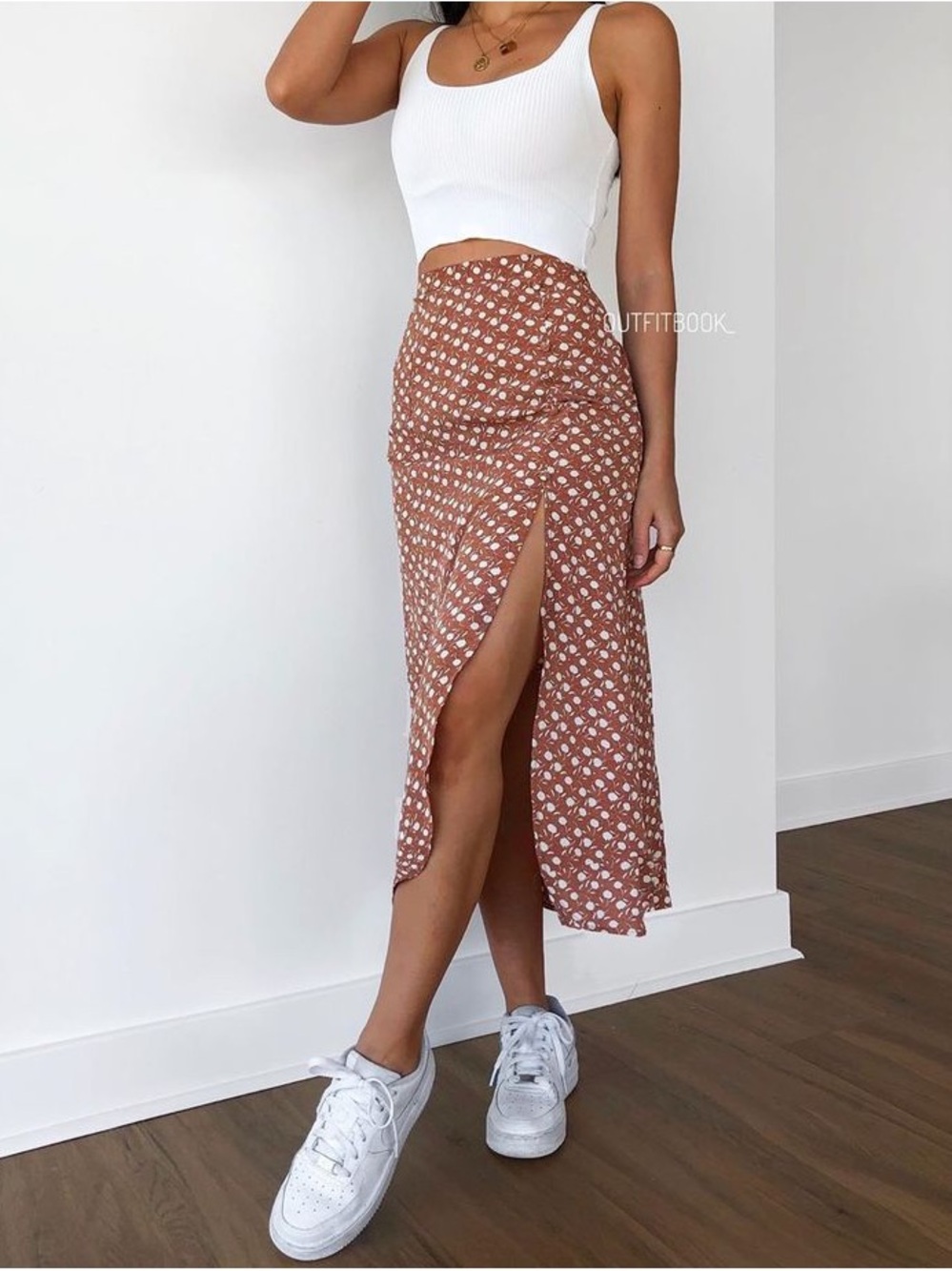 OutfitBook Rust Floral Wrap Midi Skirt Boho Cottagecore Side Slit